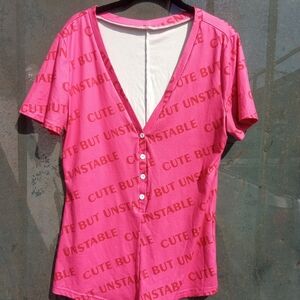 Hot Pink Button-Front V-Neck Top with Allover Text Print
